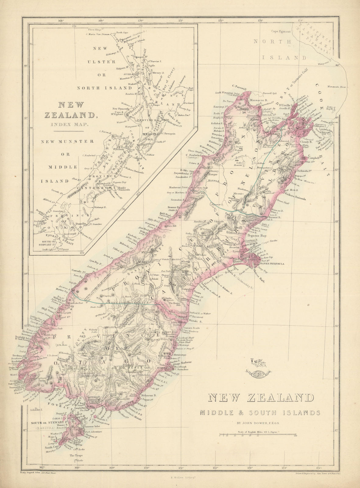 'New Zealand Middle & South Islands'. Shows 1859 provinces. DOWER 1863 old map